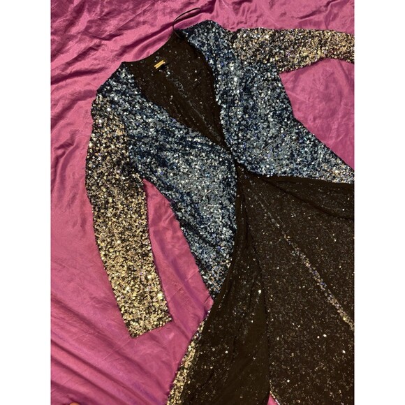 Alexia Admor dressy Blue Silver Ombré sequined DUSTER wrap Jacket cardigan Large - Picture 15 of 15